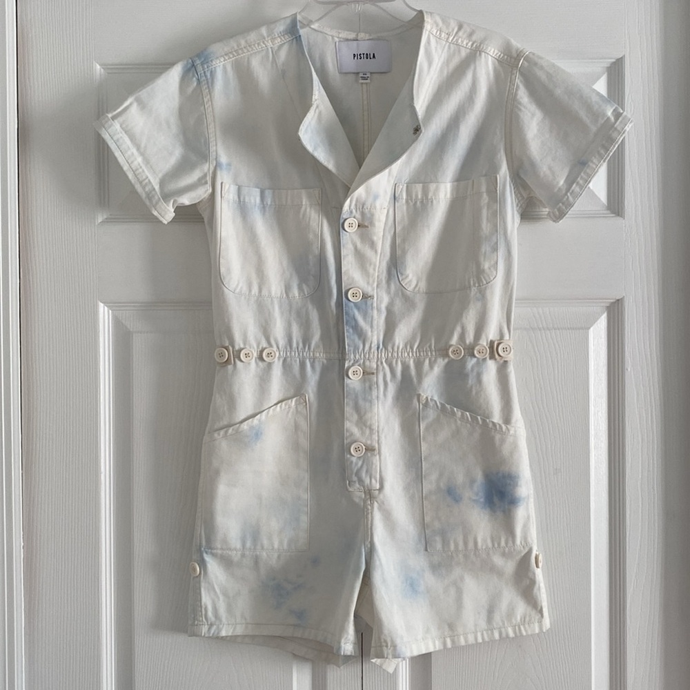 Pistola White and Blue Tie Dye Short Sleeve Utility Romper -  Size XSmall